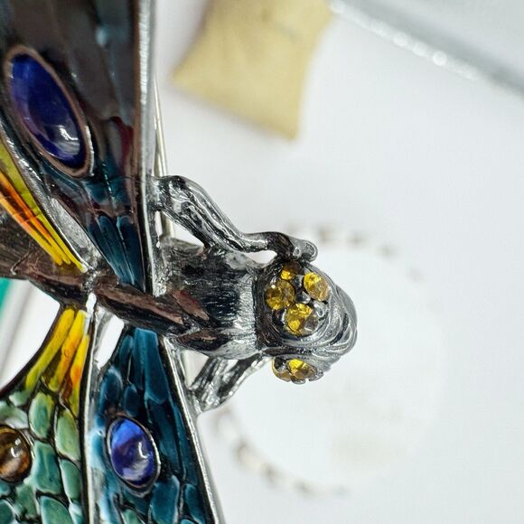 Erwin Pearl Colorful Dragonfly Brooch Enamel Gripoix Style Blue Green Insect Big - Picture 7 of 15